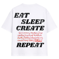 White t-shirt with black and red text on a white background