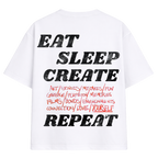 White t-shirt with black and red text on a white background