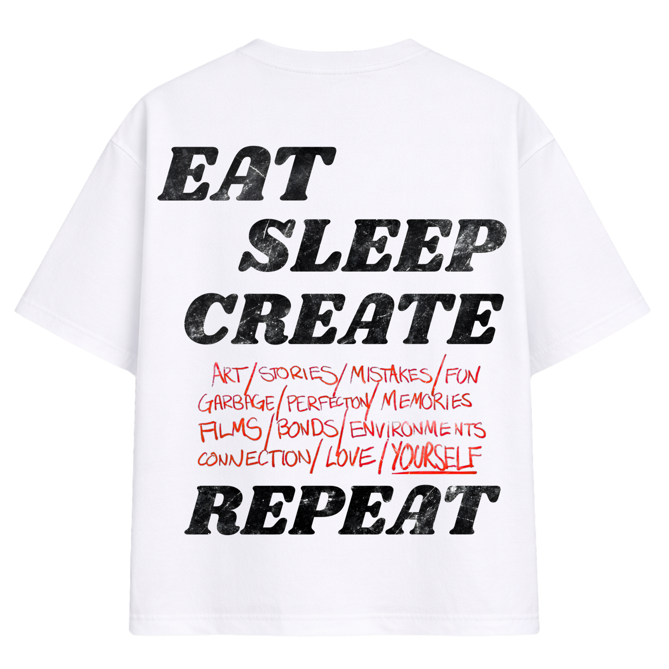 White t-shirt with black and red text on a white background