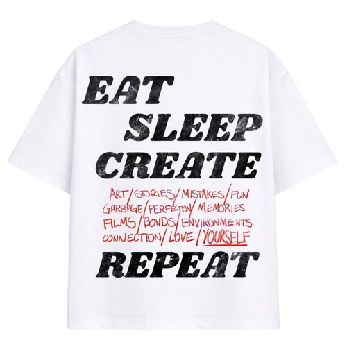 White t-shirt with black and red text on a white background