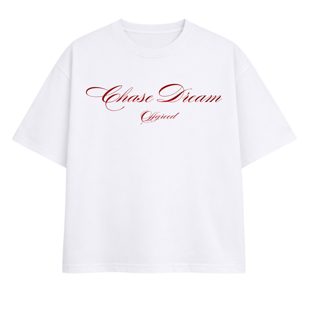 White t-shirt with red text 'Chase Dream Official' on a white background