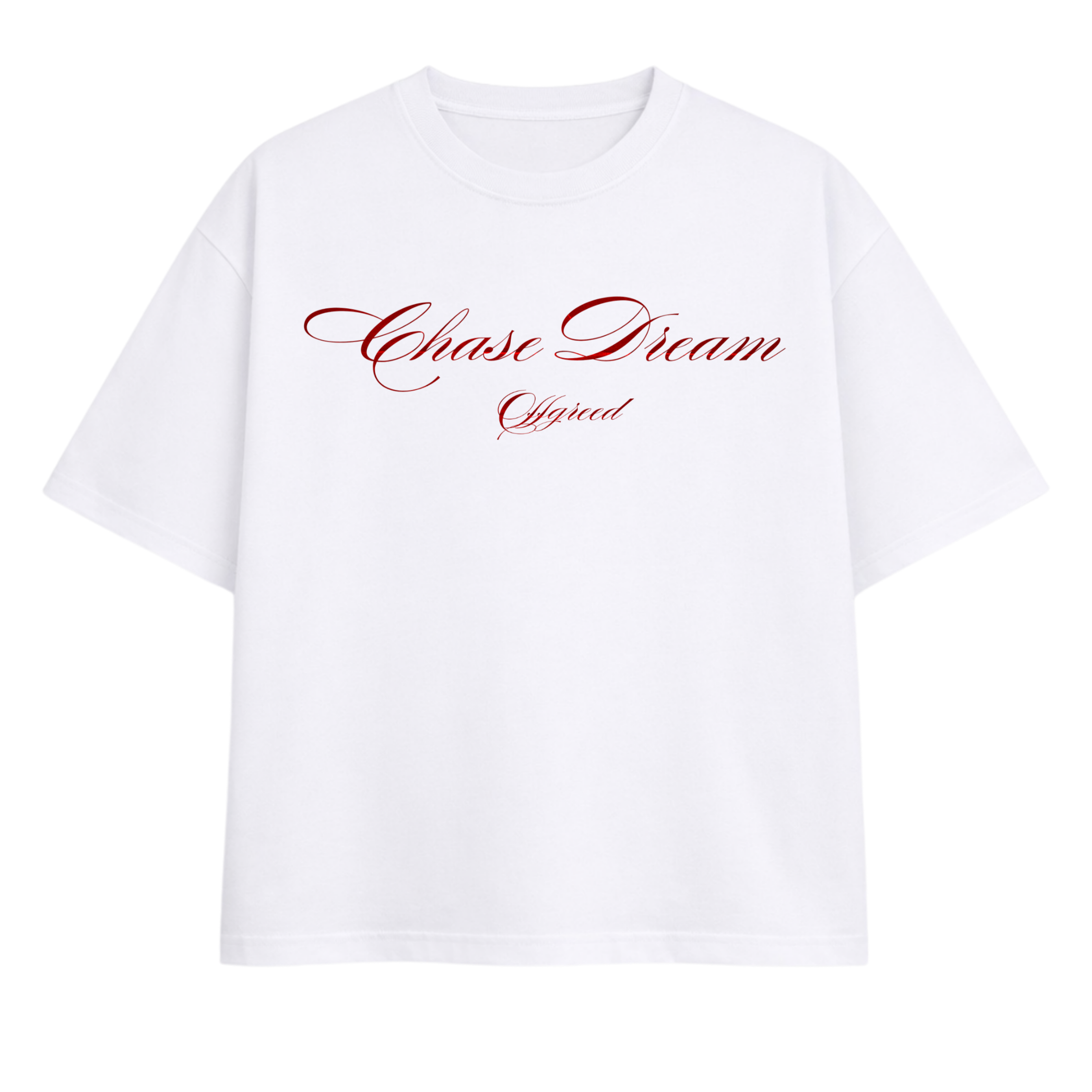 White t-shirt with red text 'Chase Dream Official' on a white background