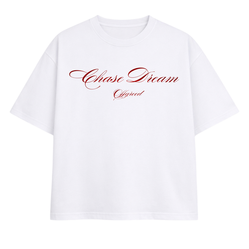 White t-shirt with red text 'Chase Dream Official' on a white background