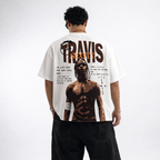 Person wearing a white t-shirt with graphic design and text on the back
