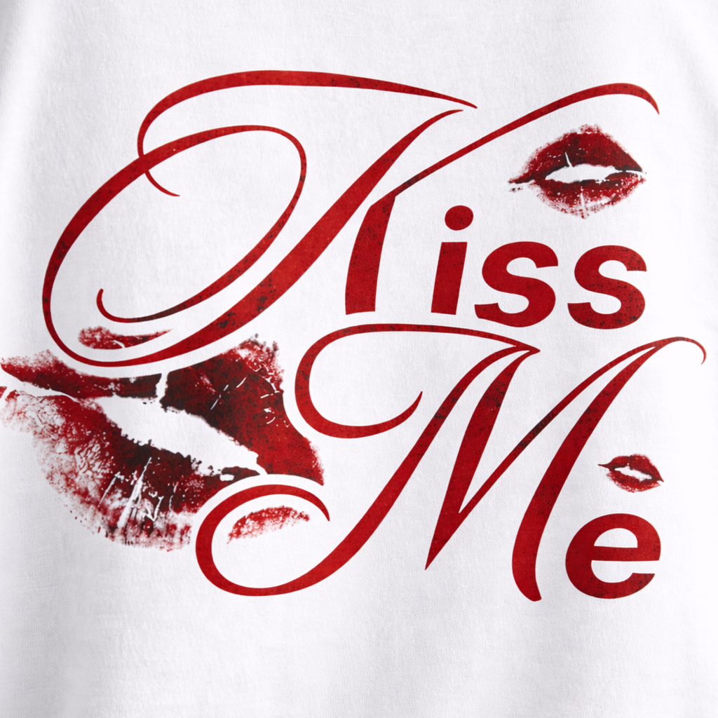White t-shirt with red 'Kiss Me' text and lipstick marks on a white background