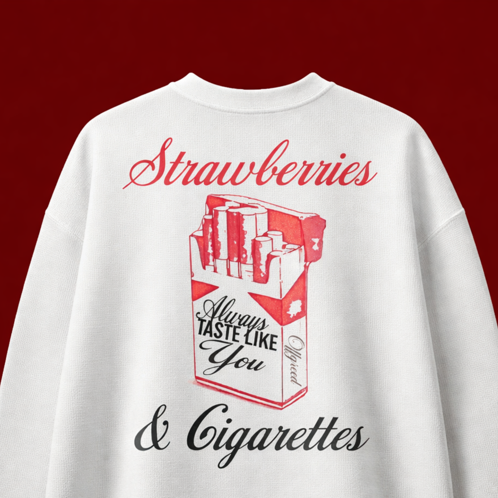 White sweatshirt with red and black graphic design on a red background