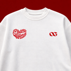 White sweatshirt with red text and logo on a red background