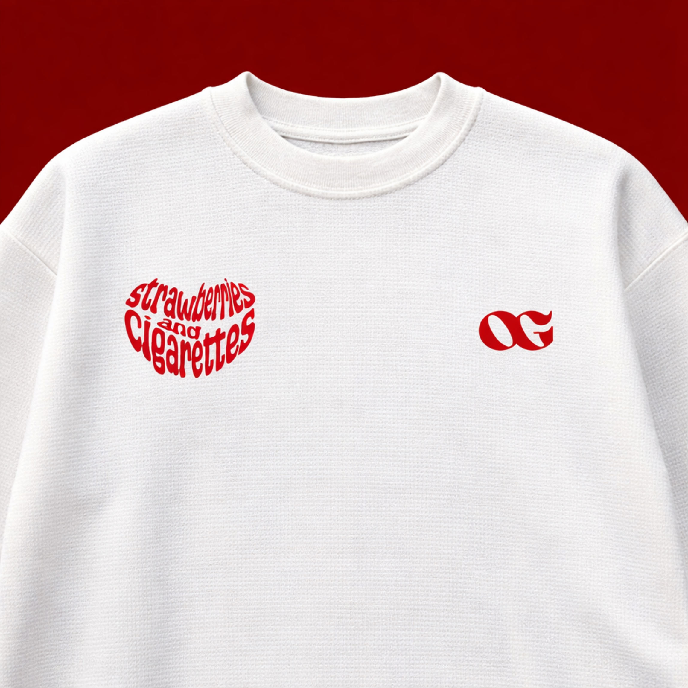 White sweatshirt with red text and logo on a red background