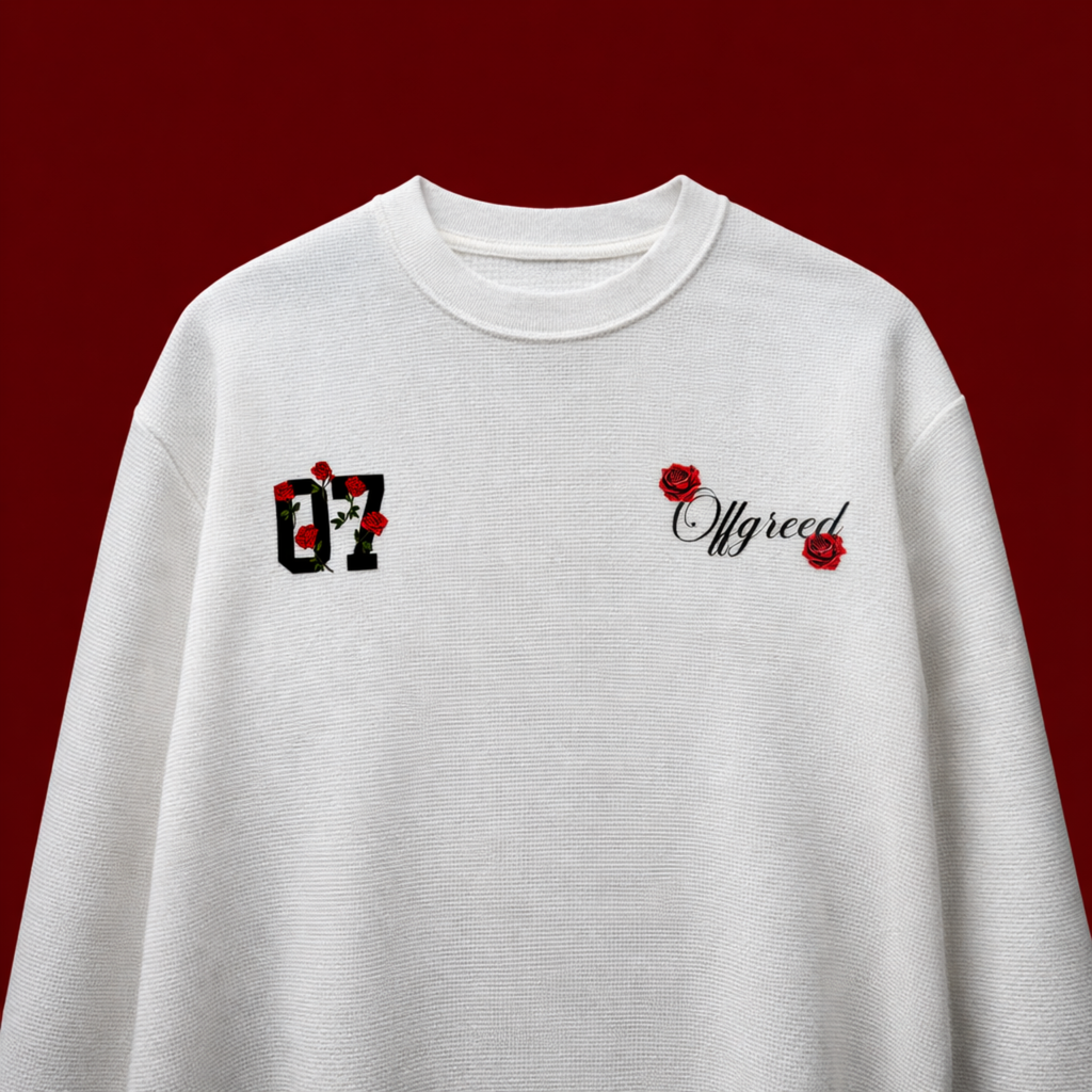White sweatshirt with black and red designs on a red background