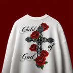 White sweatshirt with a cross and red roses design on a red background