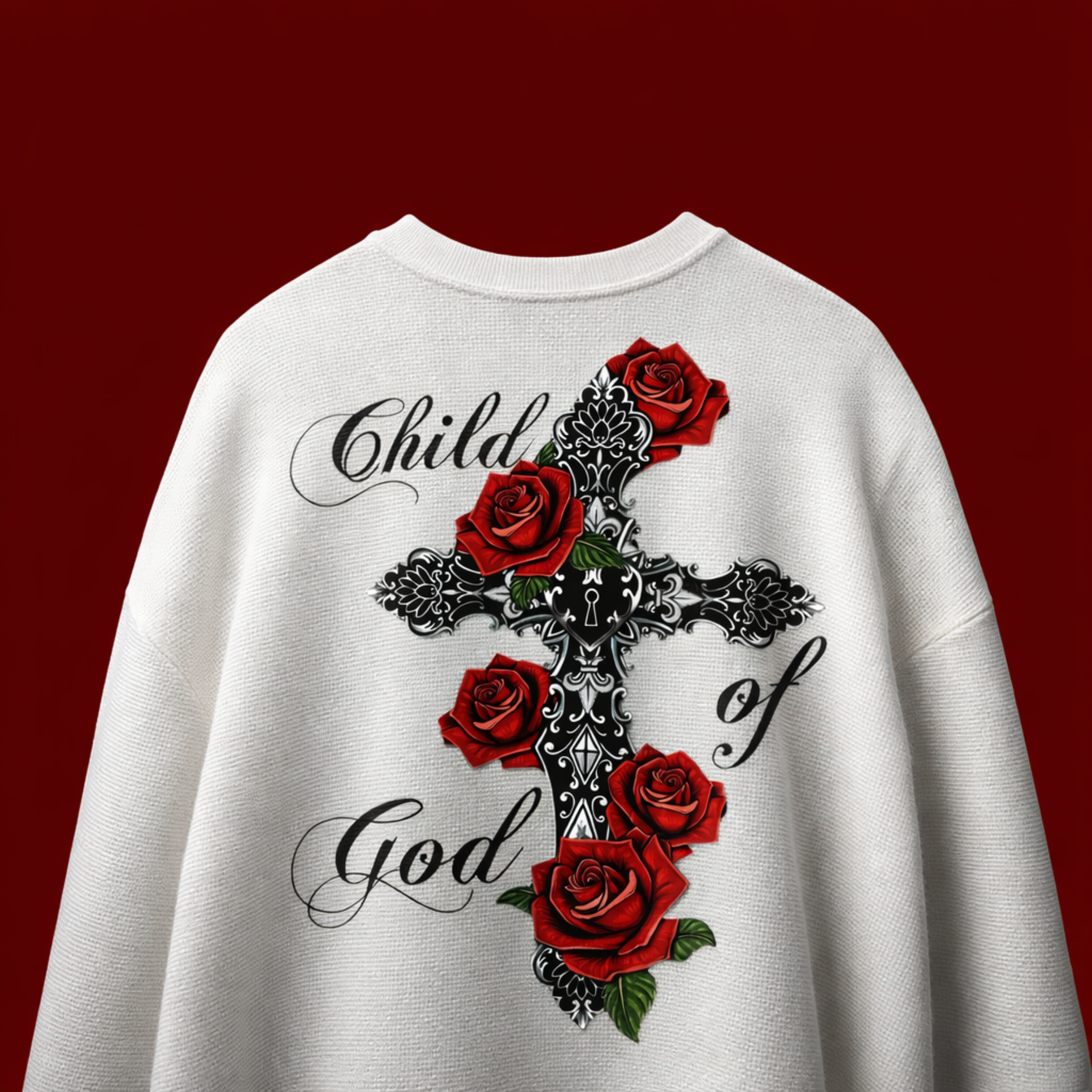 White sweatshirt with a cross and red roses design on a red background